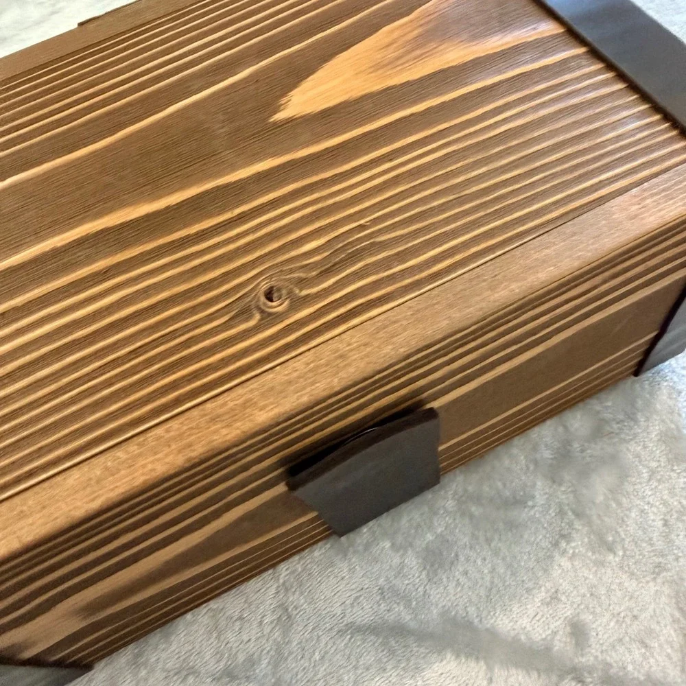 Handmade Wooden Valet Box with Leather Strap and Integrated Rolling Tray Lid